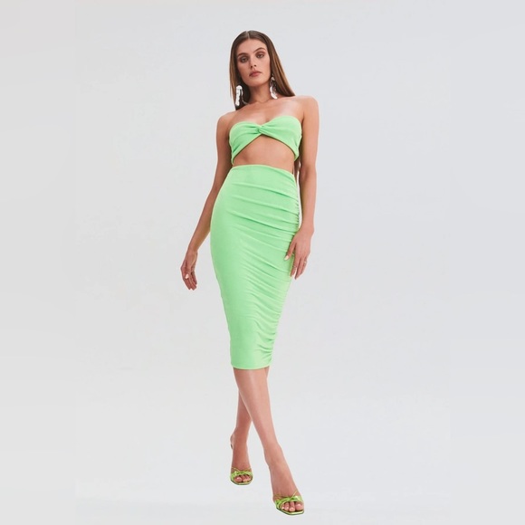 SEROYA Lime Green Julia Two Piece Midi Skirt Bandeau Set NEW - Picture 2 of 11